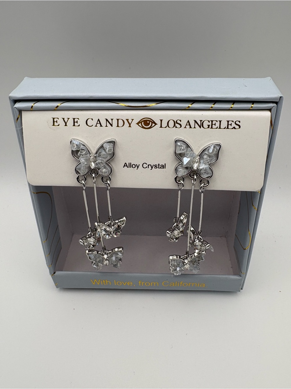 Eye Candy Los Angeles Silver Tone Crystal Butterfly Dangle Earrings